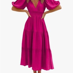 Women's Deep V Neck Puff Sleeve Midi Dress Pink
